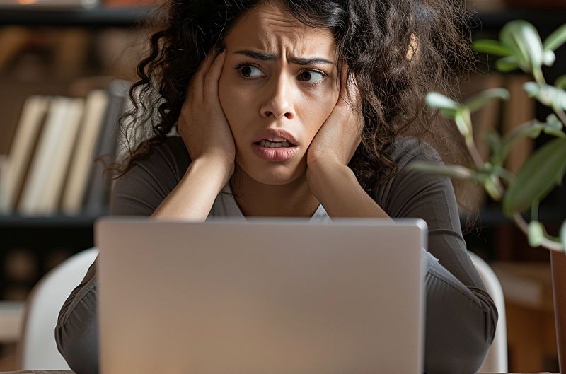 egy nő laptop előtt ül és kétségbeesetten fogja a fejét