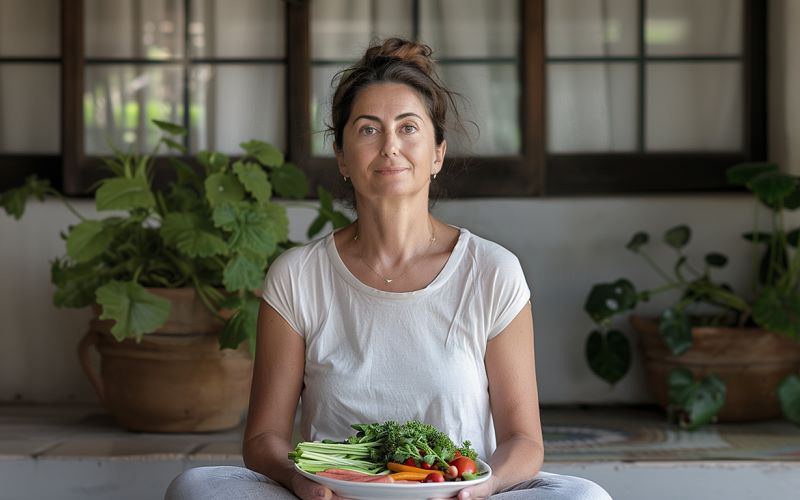 egy törökülésben ülő nő a kezében egy zöldségekkel teli tányért tart