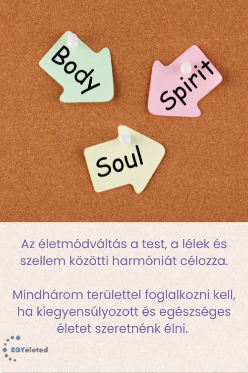 a tudatos életmódváltás részeit bemutató szöveg és nyilak Body Spirit Soul felirattal