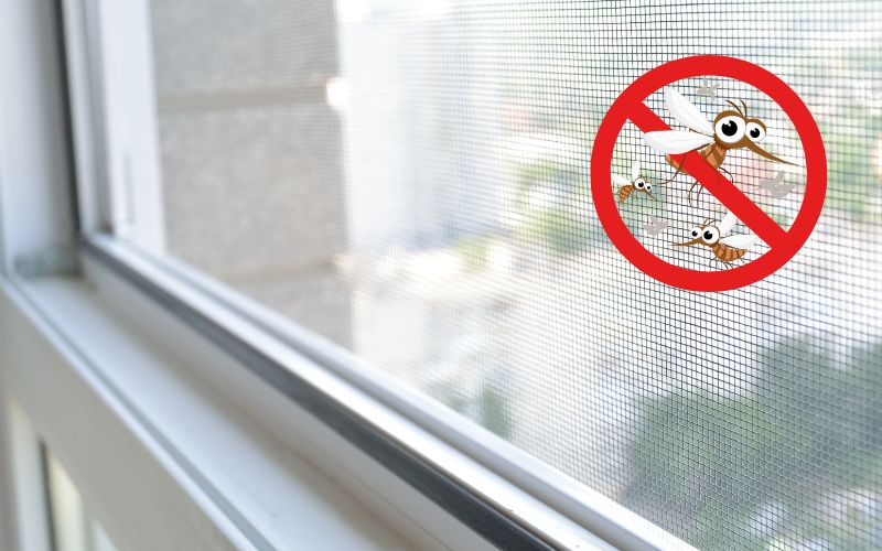 szúnyogháló ablakon és szúnyog rajza piros körben áthúzva